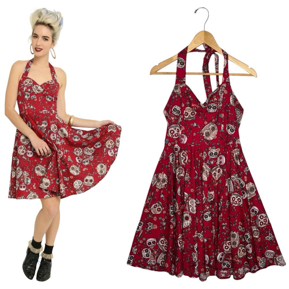 Hell Bunny Vixen Dress Womens Medium Red Skull PinUp Halter Jasmine Rockabilly